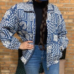 VTG Fuda International Silk 100% Aztec Geometric Bomber Jacket Shoulder Pads L